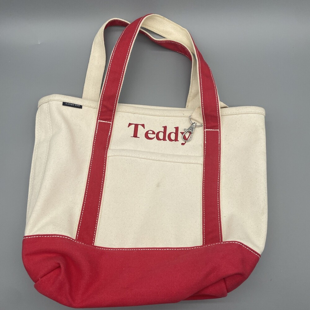 LANDS END MEDIUM 5-POCKET HEAVY DUTY CANVAS RED And BEIGE TOTE BAG Embroidered
